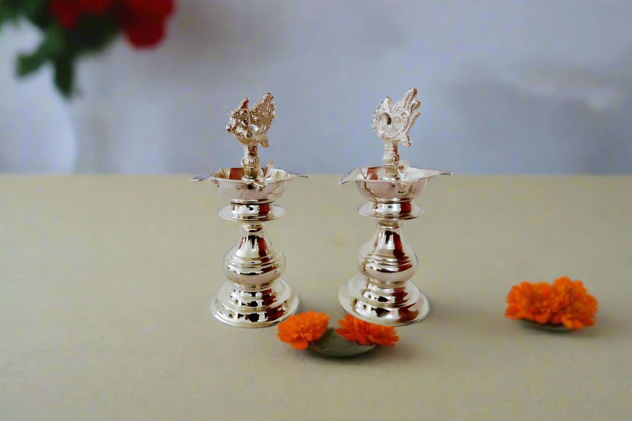 German Silver Annapakshi Diya Pair