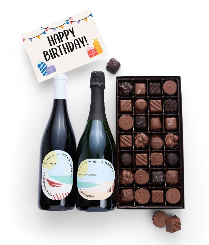 Happy Birthday! Red & Sparkling Wine with Gourmet Chocolates