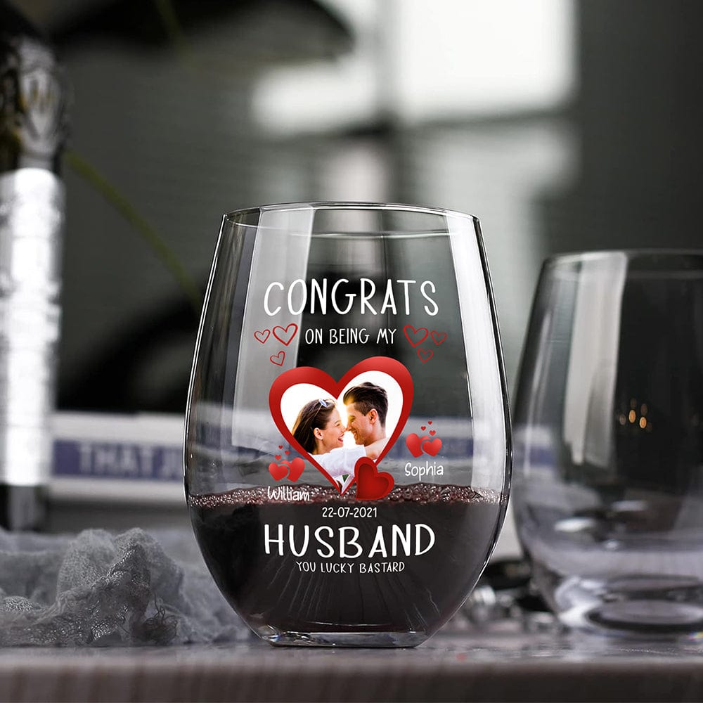 Custom Photo Congrats On Being My Husband Couple Stemless Wine Glass HO82 893370