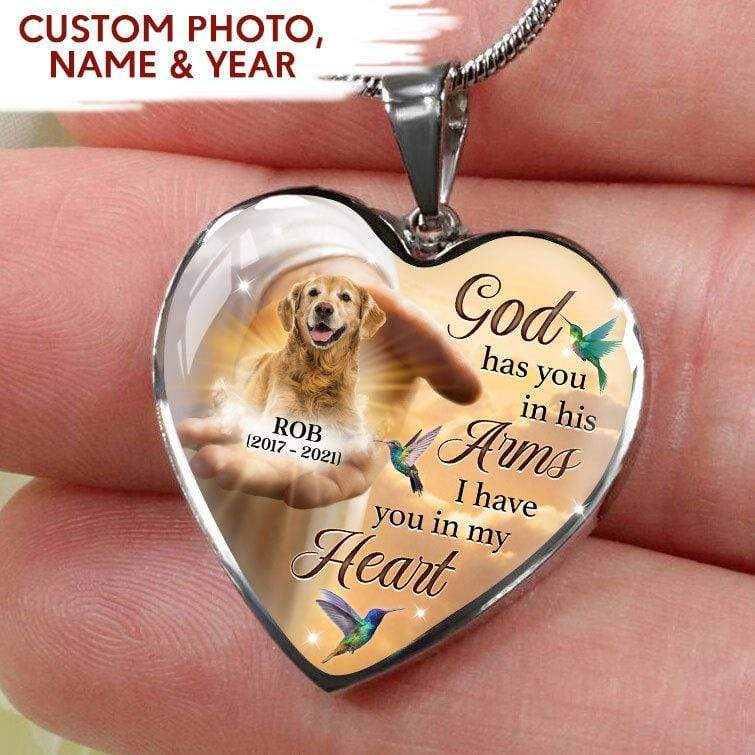 God Has You In His Arms Pet Memorial Necklace, Pet Loss Gift, Photo Heart Necklace HN590