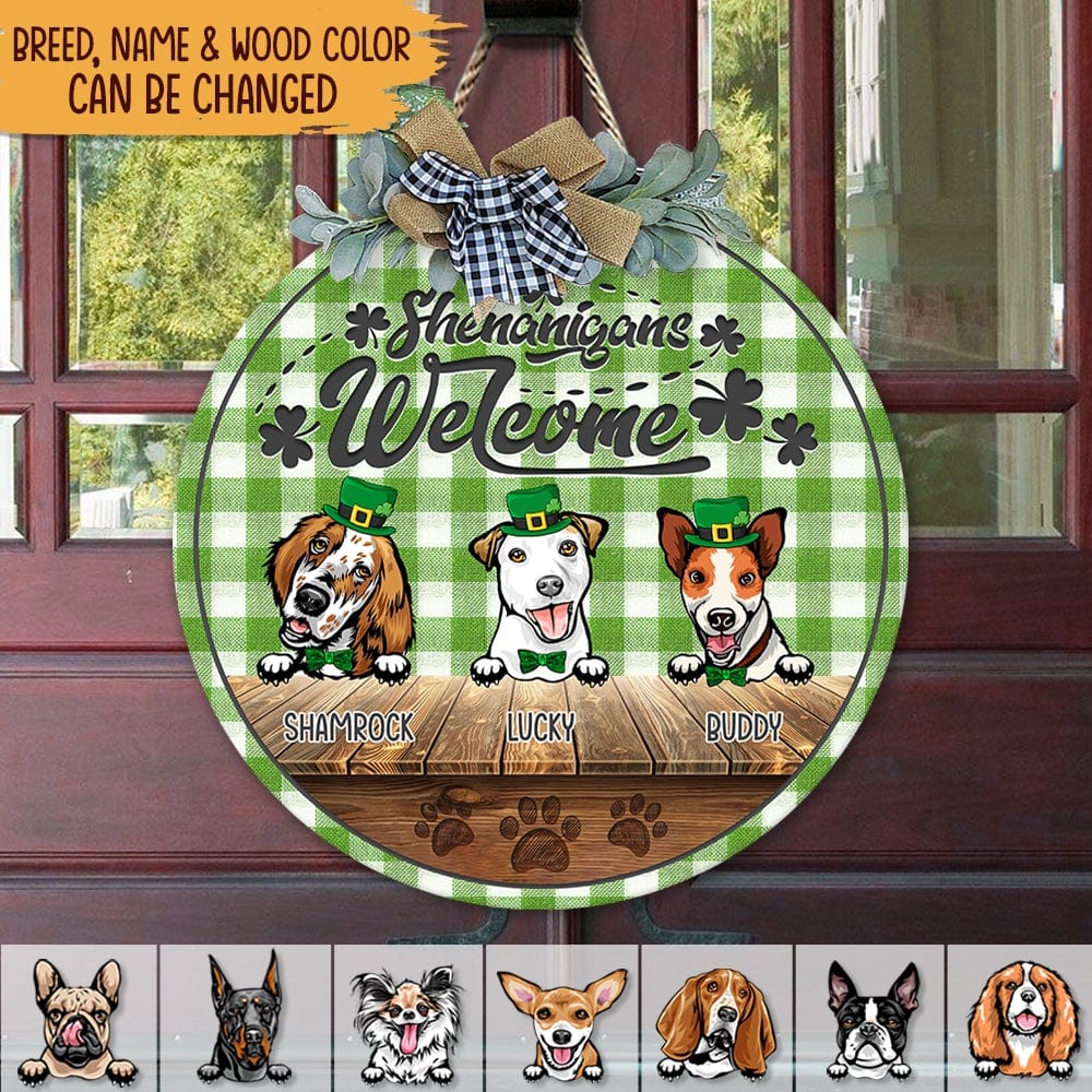 Shenanigans Welcome St.Patrick's Day Dog Wooden Door Sign With Wreath  HN590