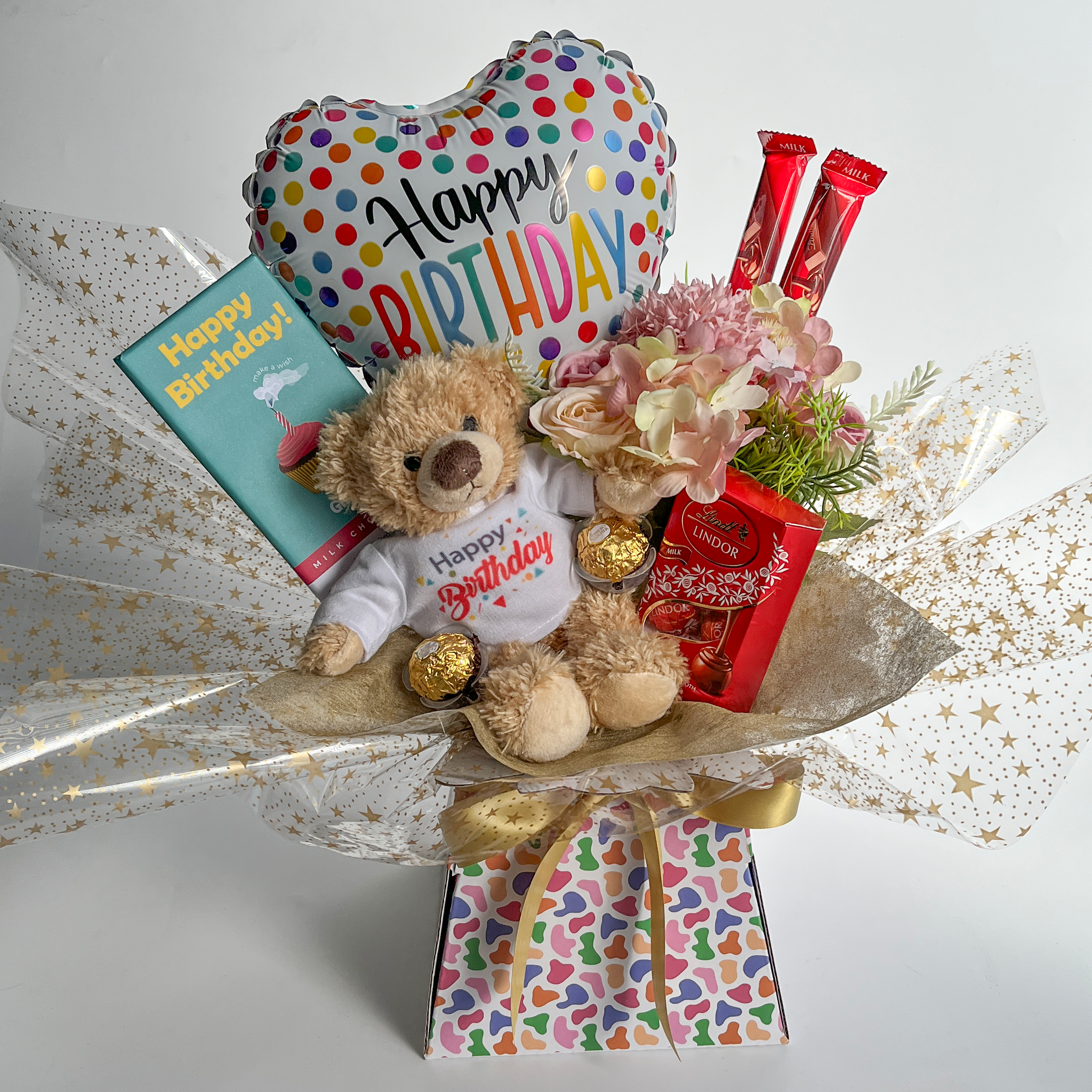 Happy Birthday Chocolate Bouquet with Silk Flower Arrangement