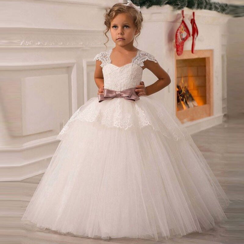 White Flower Girls Dress For Wedding Tulle Lace Long Girl Dress For Kids 12T